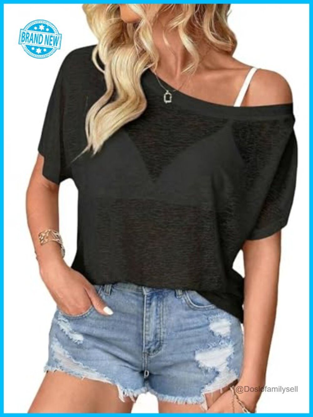 Women Off Shoulder Sheer Mesh Short Sleeve Summer Top Loose Fit Beach Casual
